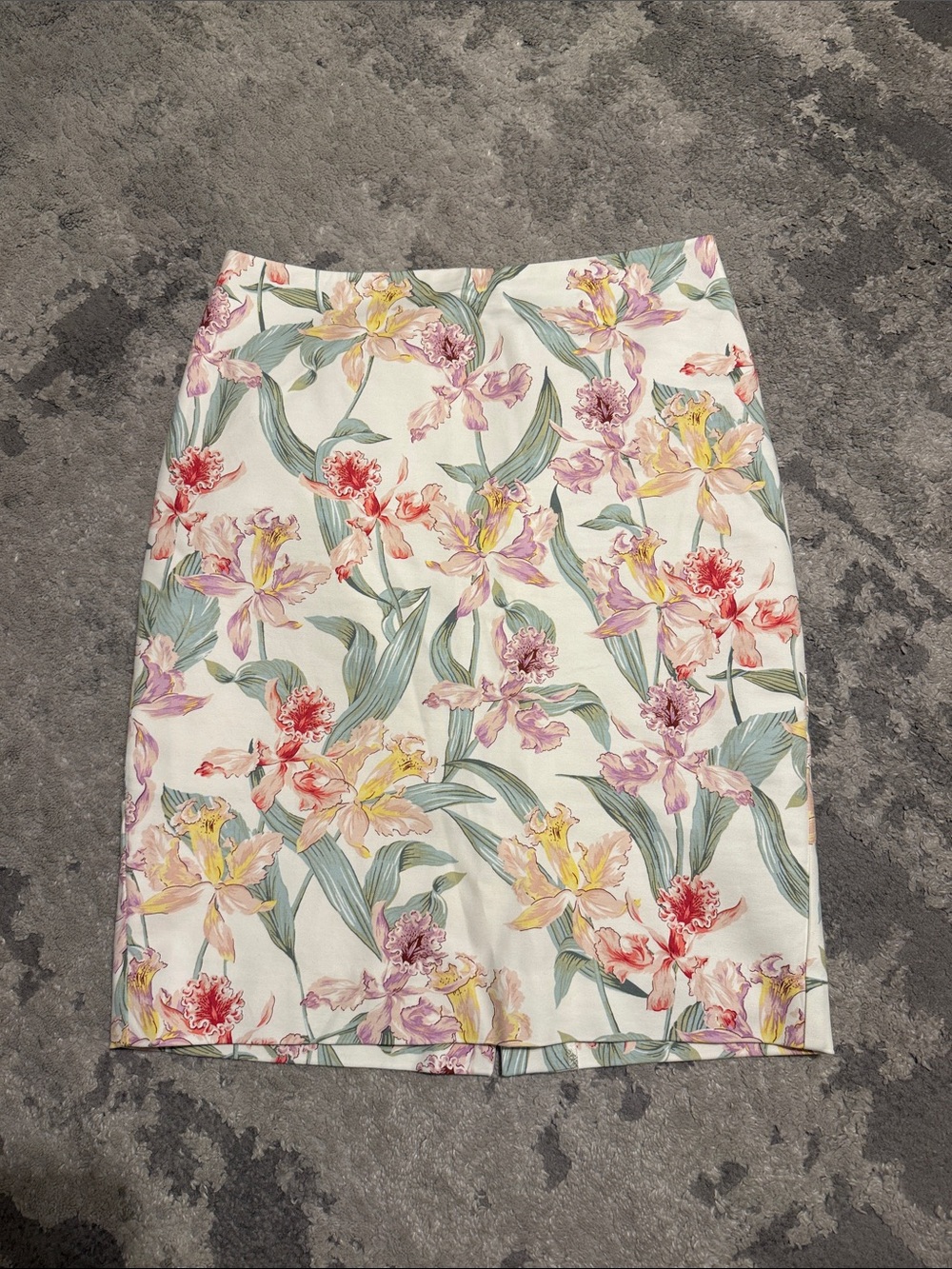 Ann Taylor Floral Pencil Skirt - Cream with Pink, Yellow & Green Leaves